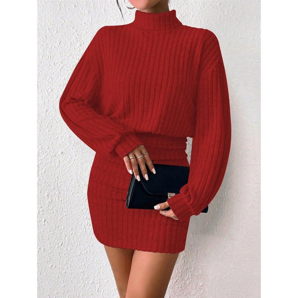Women Rose Pink Long Sleeve Turtle Neck Cute Ribbed Knit Pullover Sweater Dress - Picture 2 of 5